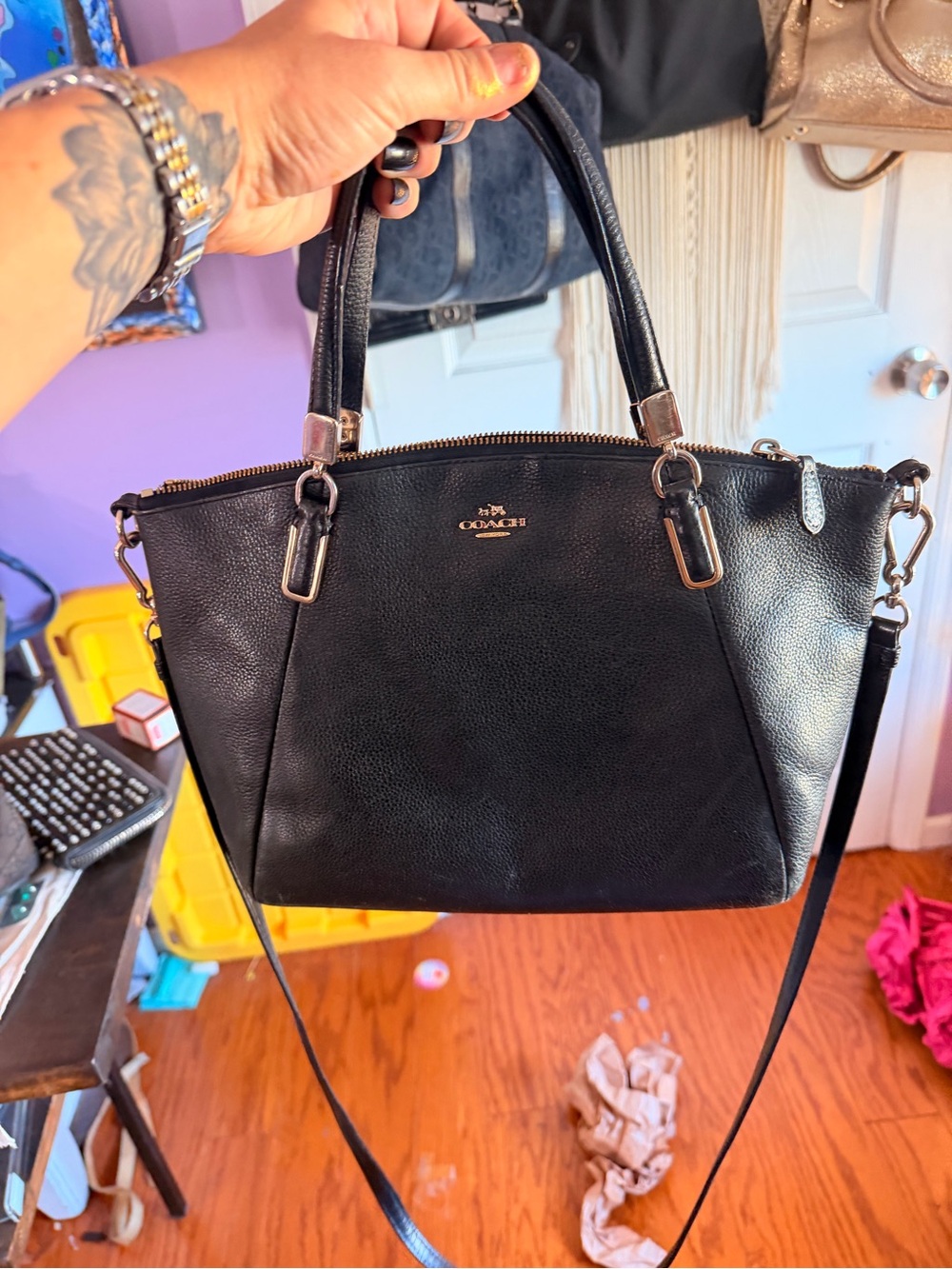 Coach Black Pebbled Leather Tote with Detachable Strap